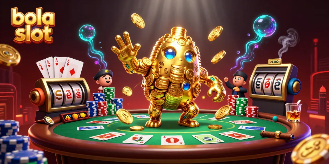 Experience thrilling bola slot action with an ancient golden golem amidst colorful casino elements.