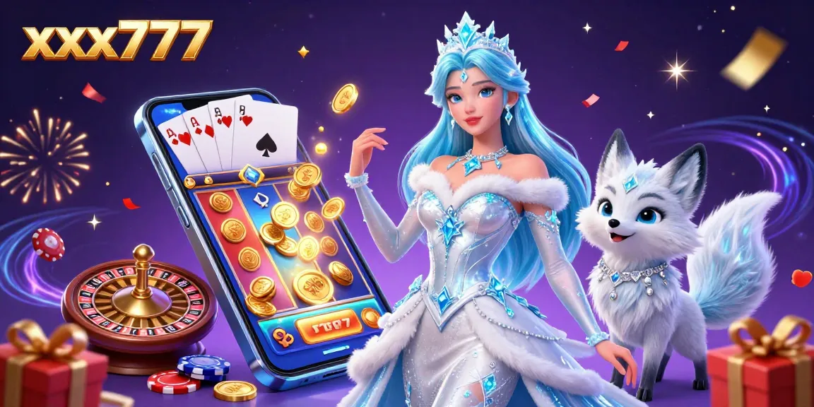 Experience thrilling gameplay at xxx777 with a glamorous digital illustration of the ice queen amid vibrant casino elements.