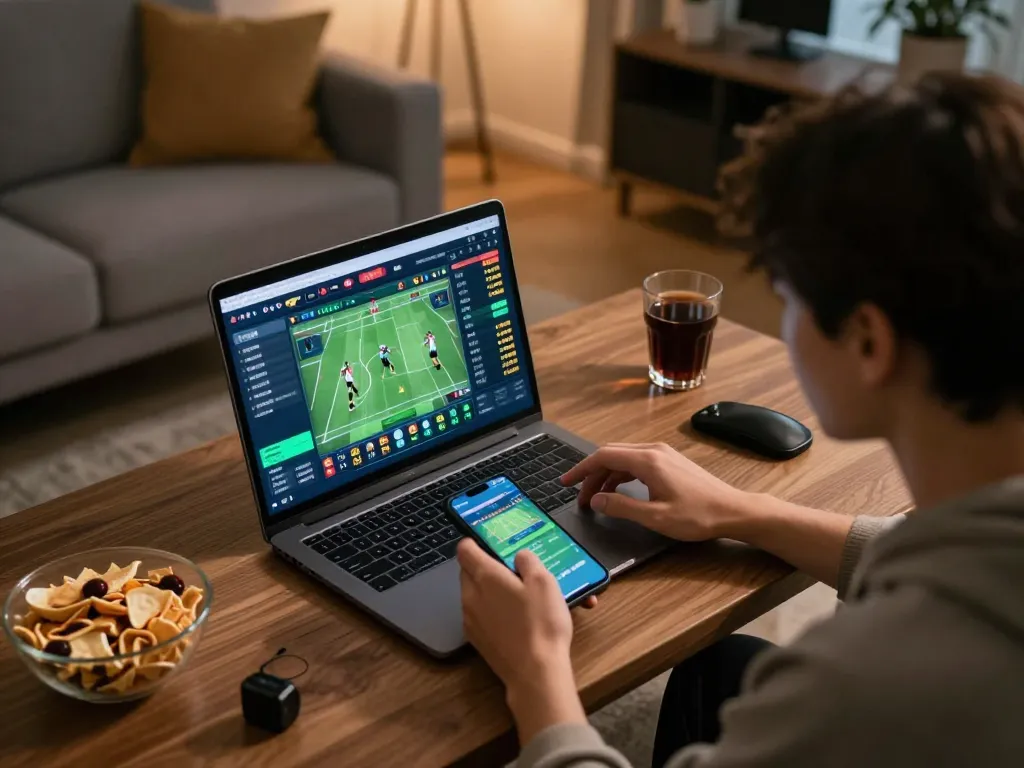 Betting on 78win at home using laptop and smartphone, showcasing exciting sports betting environment.