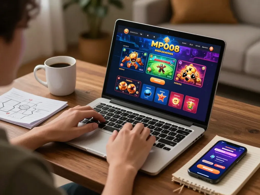 MPO08 user engaging with interactive online casino games on a laptop, showcasing vibrant graphics and strategic gameplay.