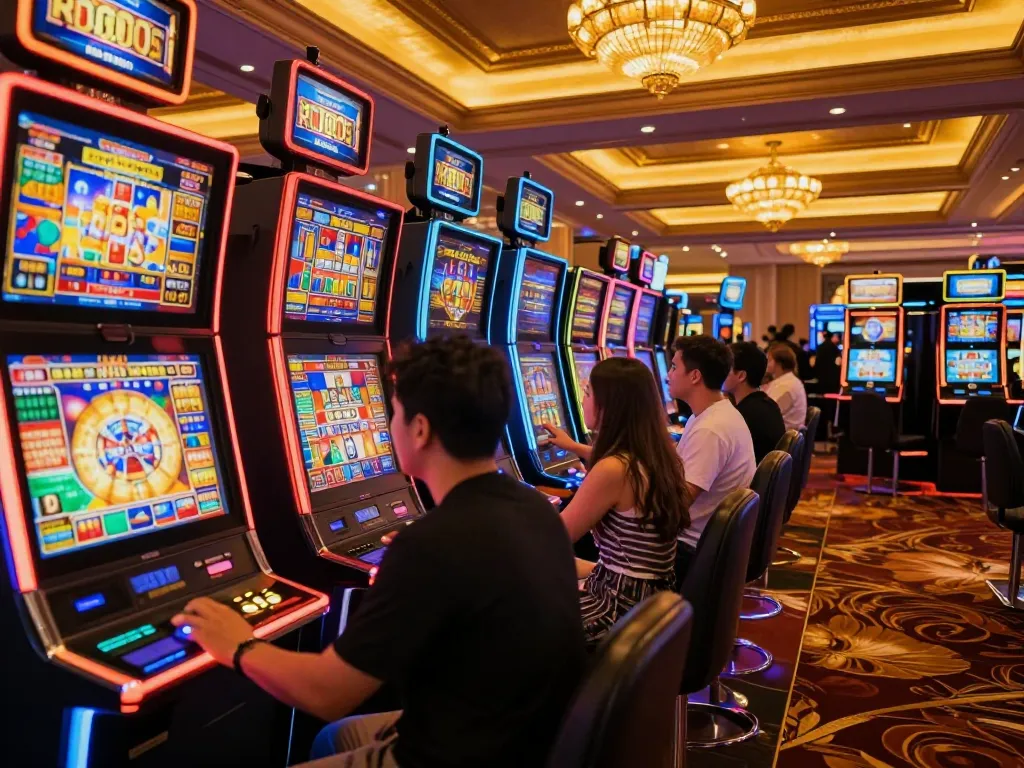Players enjoying exciting LGOLUX slot machines in a vibrant casino atmosphere.
