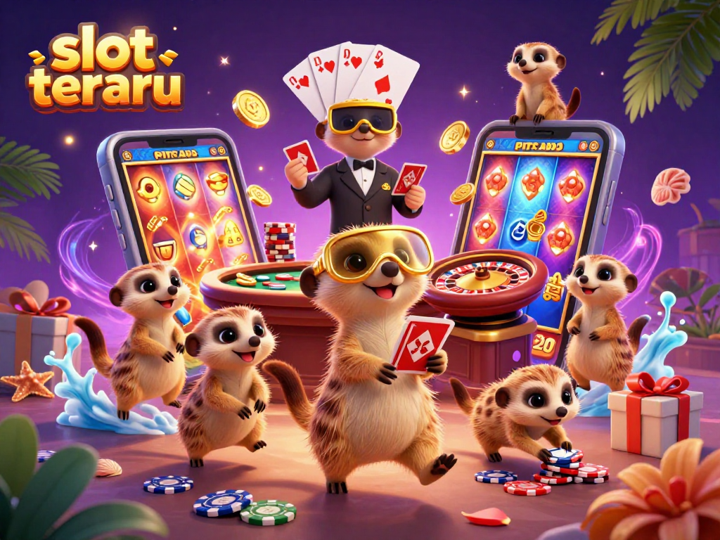 Engage with slot terbaru through a vibrant and detailed 3D casino scene featuring fun meerkat characters.
