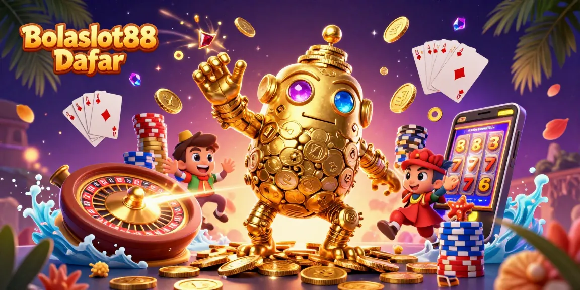 Bolaslot88 Daftar brings excitement with a golden golem, vibrant casino elements, and dynamic gaming action!