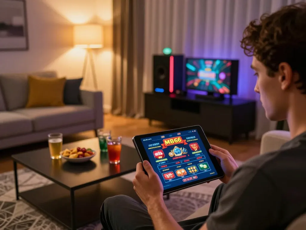 Engaged player using the MB66 app for online gaming in a cozy living room setting.