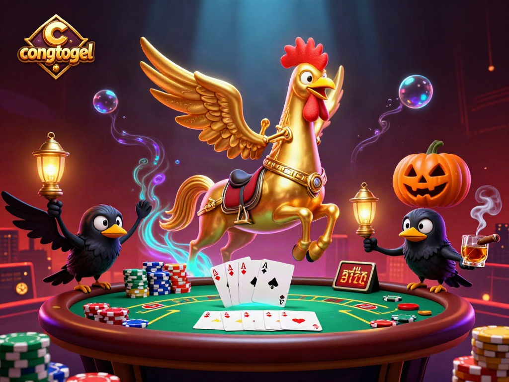 congtogel showcases vibrant casino scene with a golden rooster and poker elements for gamblers