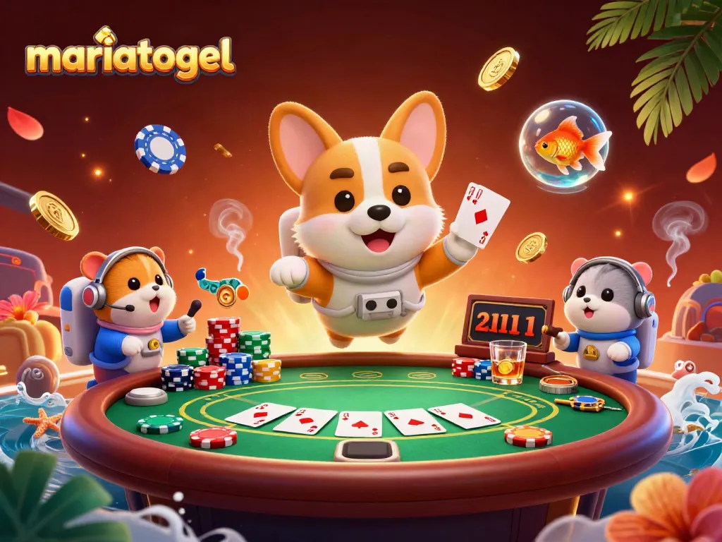 Experience thrilling gaming action with mariatogel's vibrant casino scene featuring a corgi and friends.