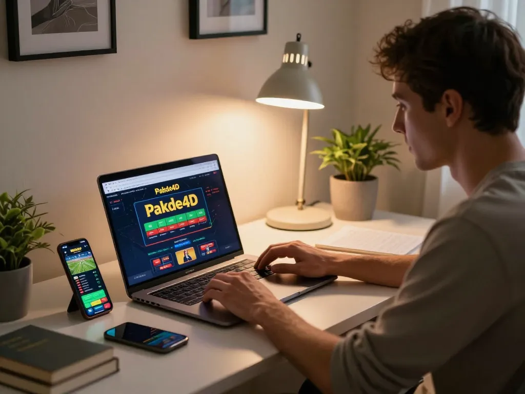 Engaged player enjoying an online game at Pakde4D casino platform on a laptop, showcasing strategic gaming.