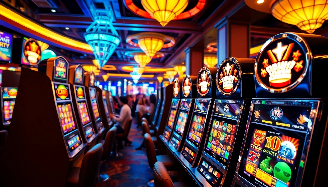 Menangkan jackpot dengan slot mesin berwarna cerah di kasino yang meriah.