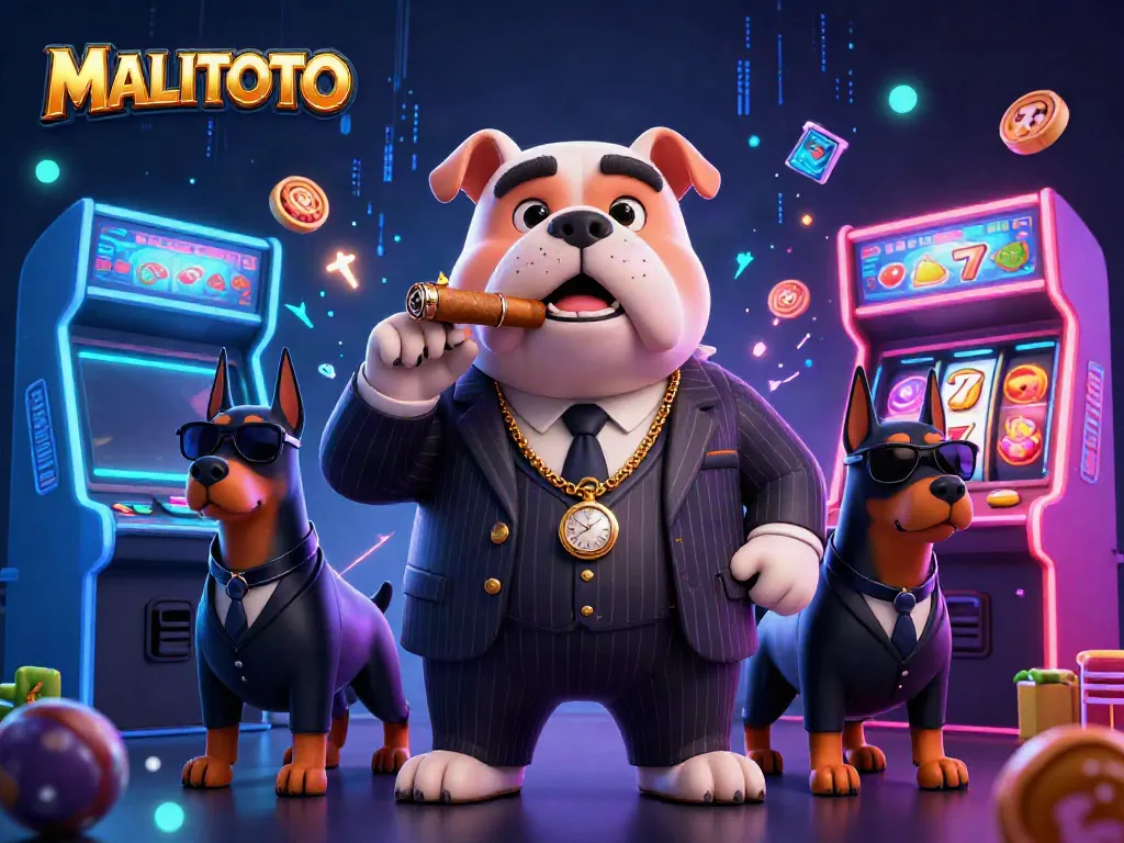 MALITOTO's lively illustration showcasing a mafia bulldog with its bodyguards amidst thrilling slot machines.