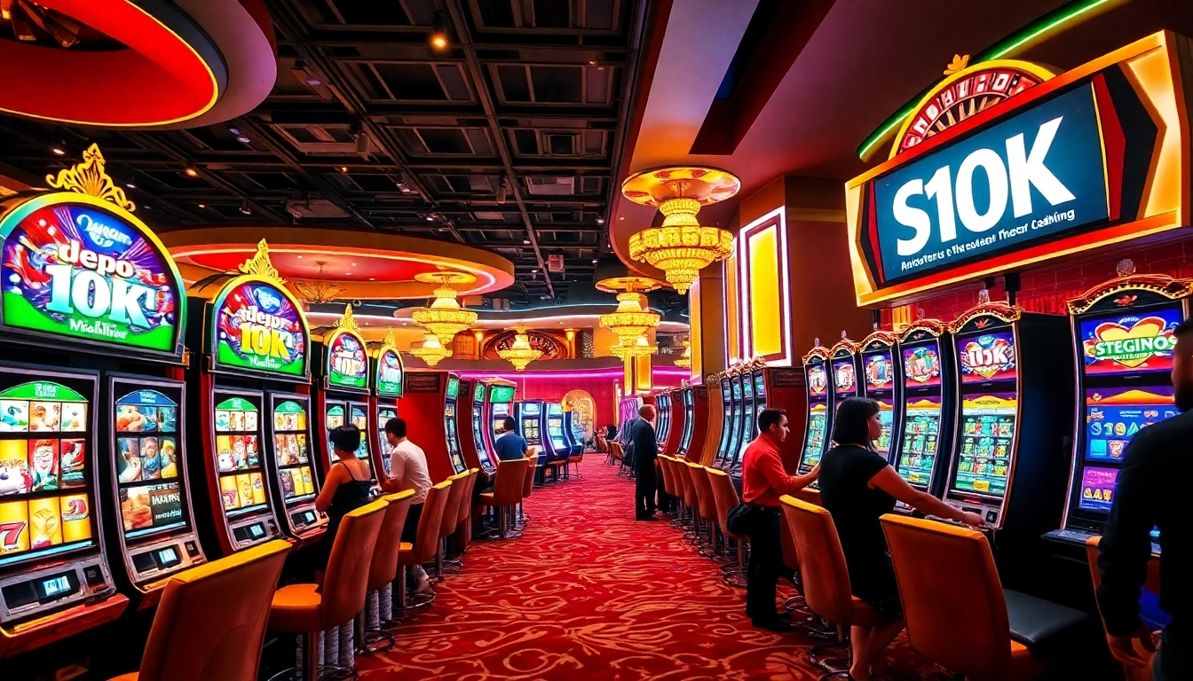 Win big with depo 10k slots in an exciting casino atmosphere featuring roulette and vibrant machines.