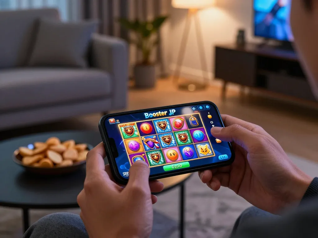 Player enjoying Booster JP slot games on smartphone in cozy living room.