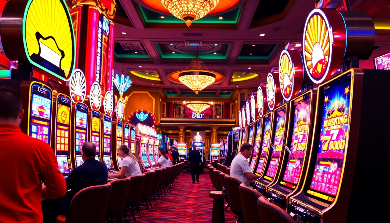 Permainan situs togel di kasino dengan pemain yang bersemangat dan mesin slot berkilau.
