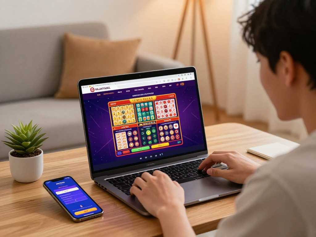Pengguna RAJATOGEL antusias bermain togel online di laptop dengan notifikasi di smartphone.