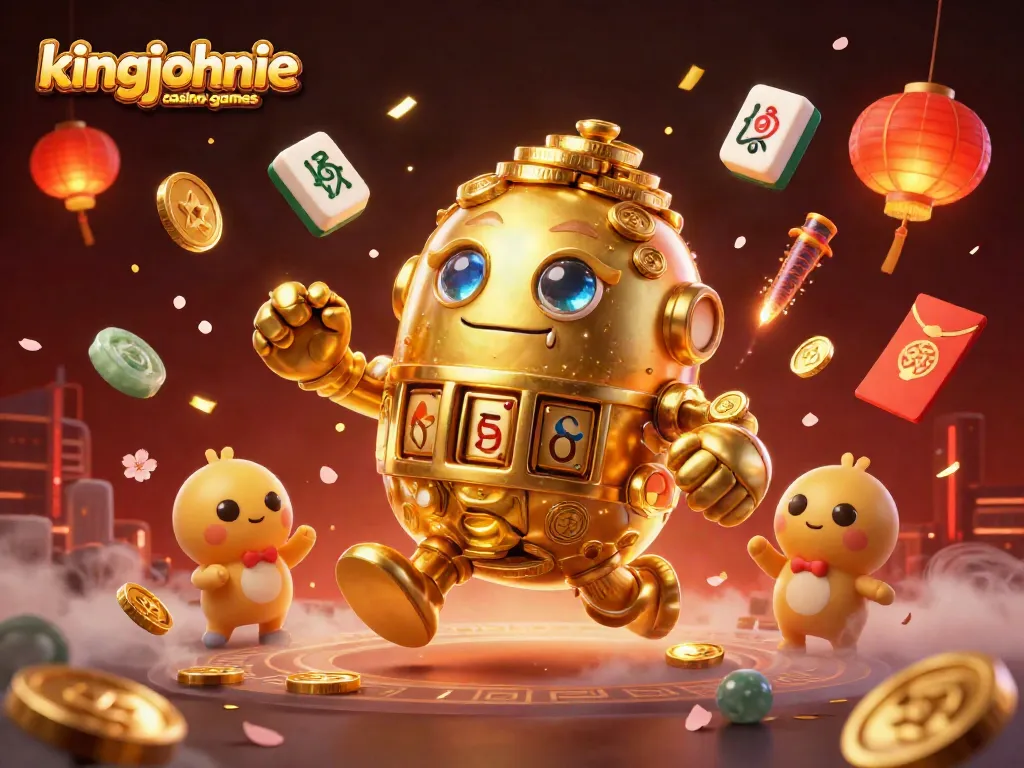 Engage with kingjohnnie casino games featuring a golden golem and dynamic gaming elements in a vibrant scene.