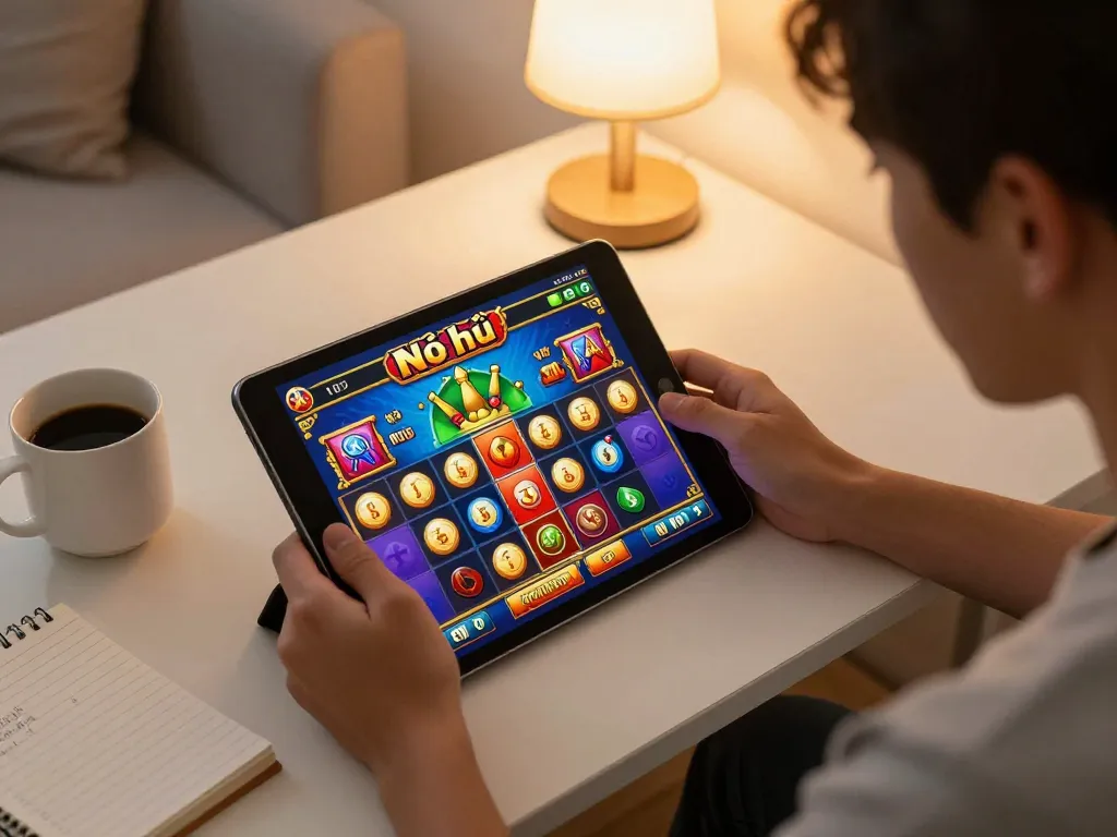 Engaging player enjoying Nổ hũ online slot game on tablet at home, cozy setup highlighting responsible gaming.