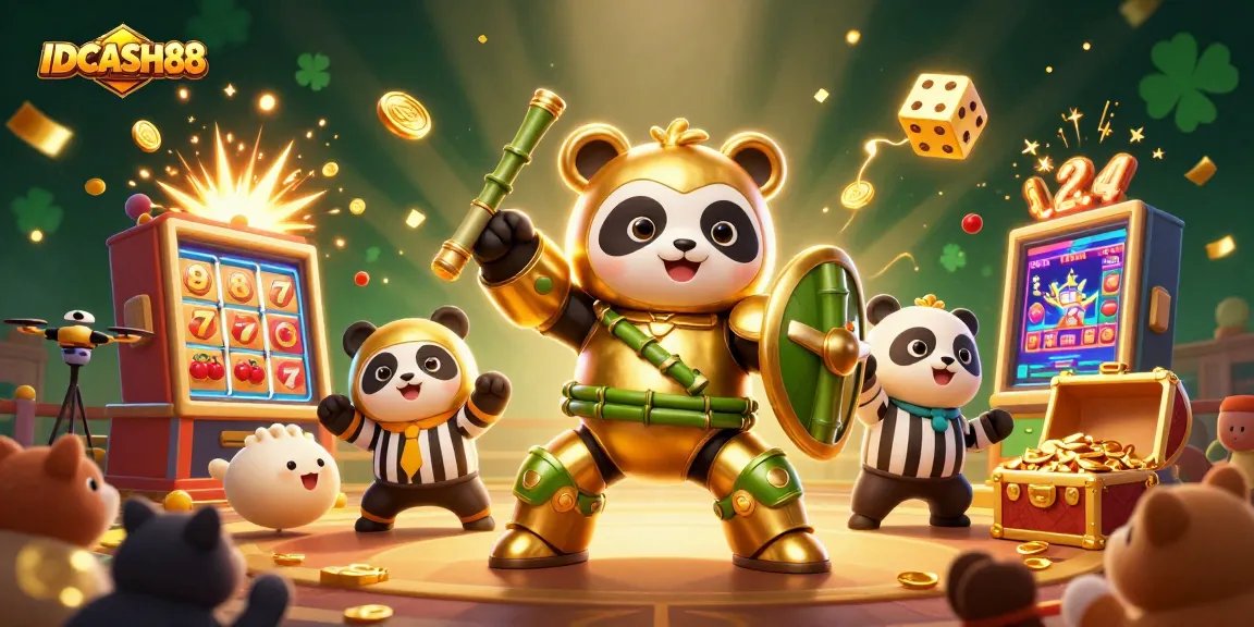 Experience the excitement of IDCASH88 with a dynamic 3D casino scene featuring a golden panda and jackpot elements.