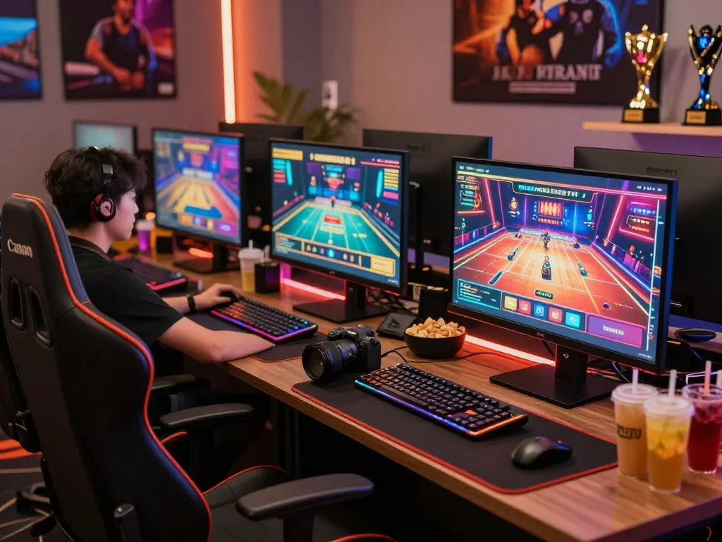 Engaged player using LGOSUPER gaming setup with multiple monitors for online betting