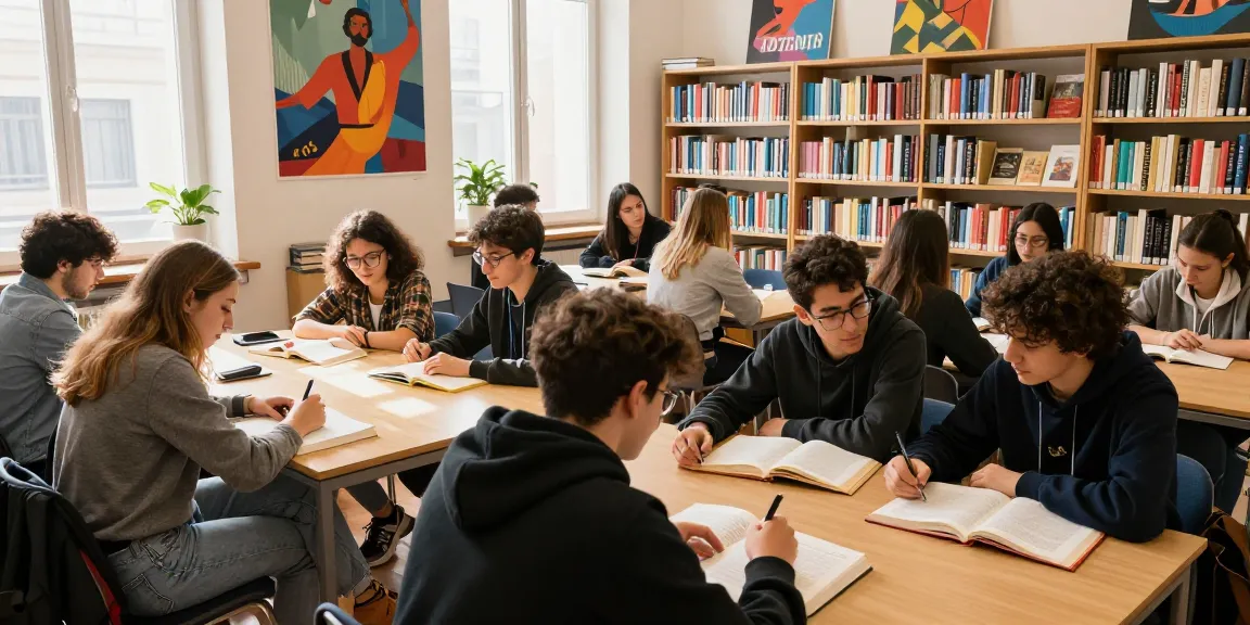 Students studying Italian literature, exploring toto togel concepts in a vibrant library.
