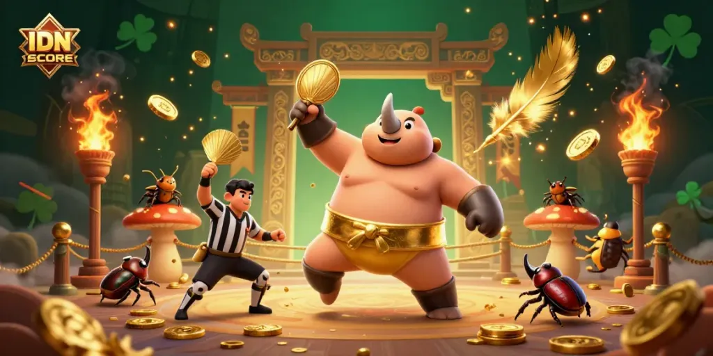 IDNSCORE features a dynamic scene with a rhinoceros beetle sumo champion amidst golden coins, reflecting the thrill of gambling.