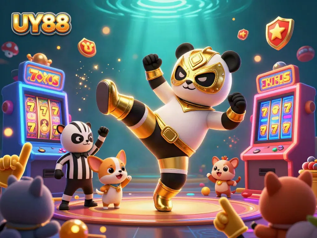 Engage in exciting gameplay at UY88, with a vivid scene featuring animated characters and slot machines.