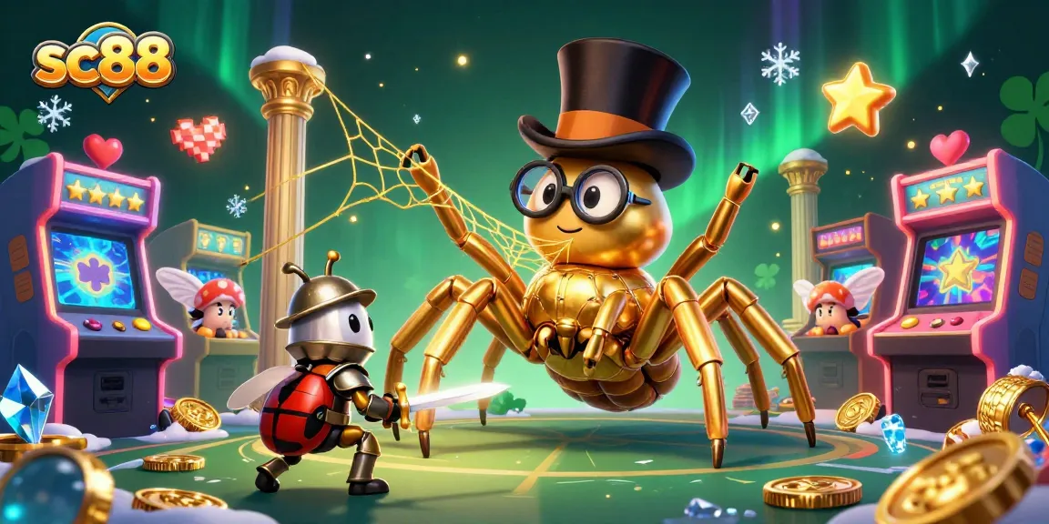 Engage with sc88's vibrant casino world featuring a giant tarantula and a knight in a meticulous 3D illustration.