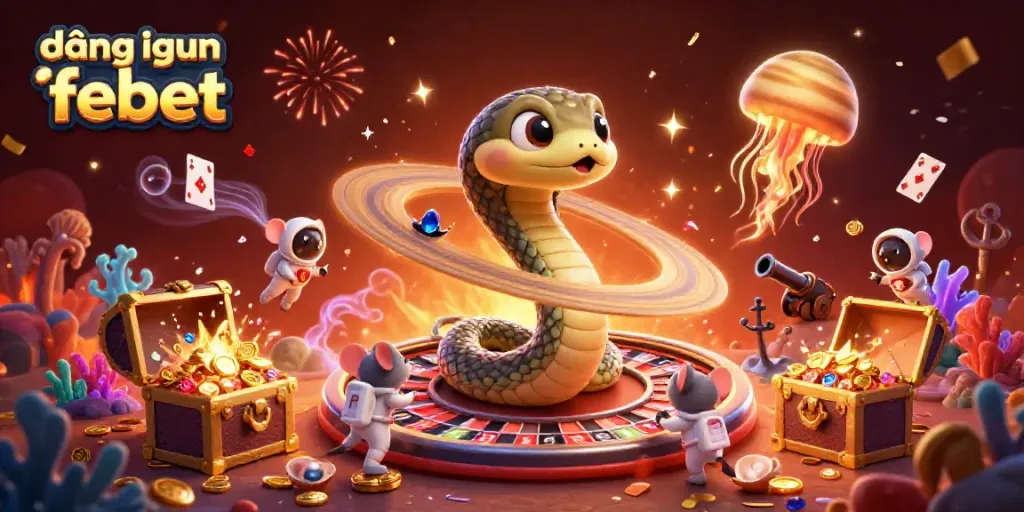Experience the thrill of casino gaming with engaging visuals of đăng nhập febet on a cosmic roulette scene, featuring animated characters and game elements.