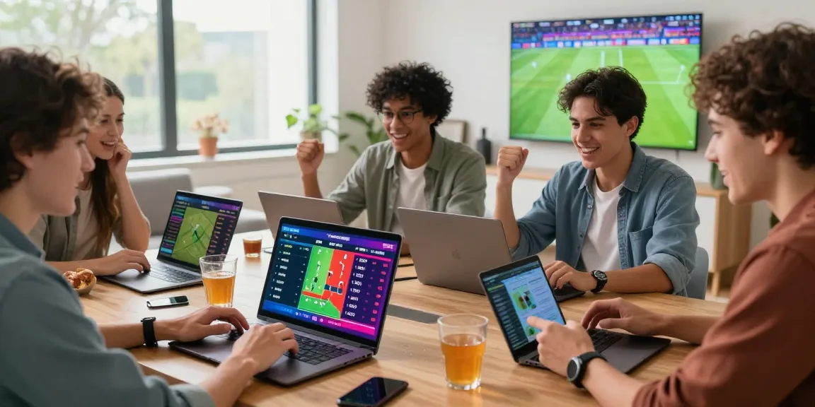 Exciting online betting scene at soikeonhacai.com.co with friends analyzing soccer stats in a vibrant setting.