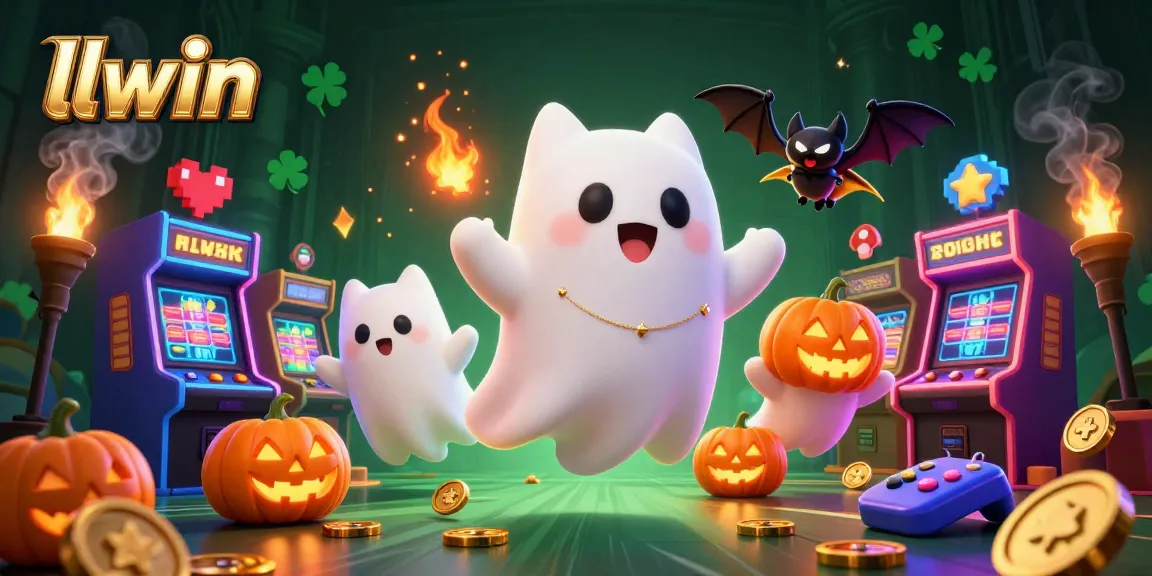 Experience thrilling games with llwin in a haunted casino, featuring a ghost cat and glowing jack-o-lanterns.