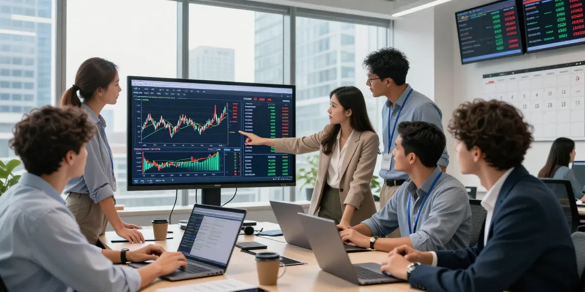 Analysts discussing link slot trading strategies in a modern office