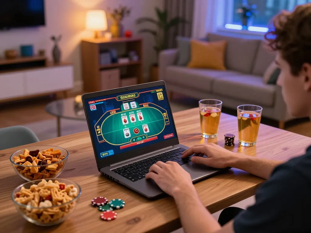Player enjoying an online gaming session with lc88 on a laptop, snacks and drinks nearby