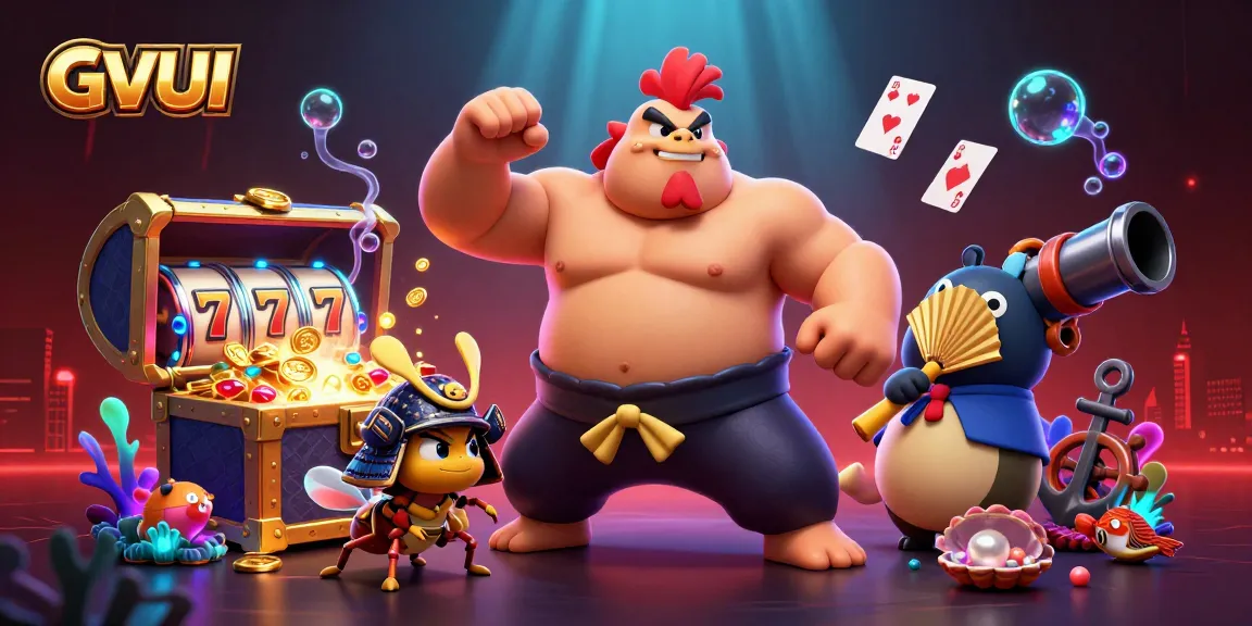 GVUI showcases thrilling action with a powerful sumo rooster and a fierce samurai cricket among casino elements.