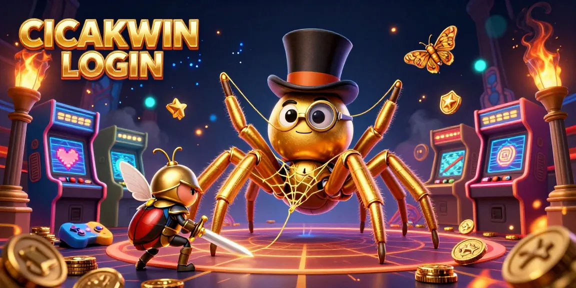 CICAKWIN LOGIN invites players with a fun scene featuring a golden tarantula and a brave beetle knight at an exciting casino game atmosphere.