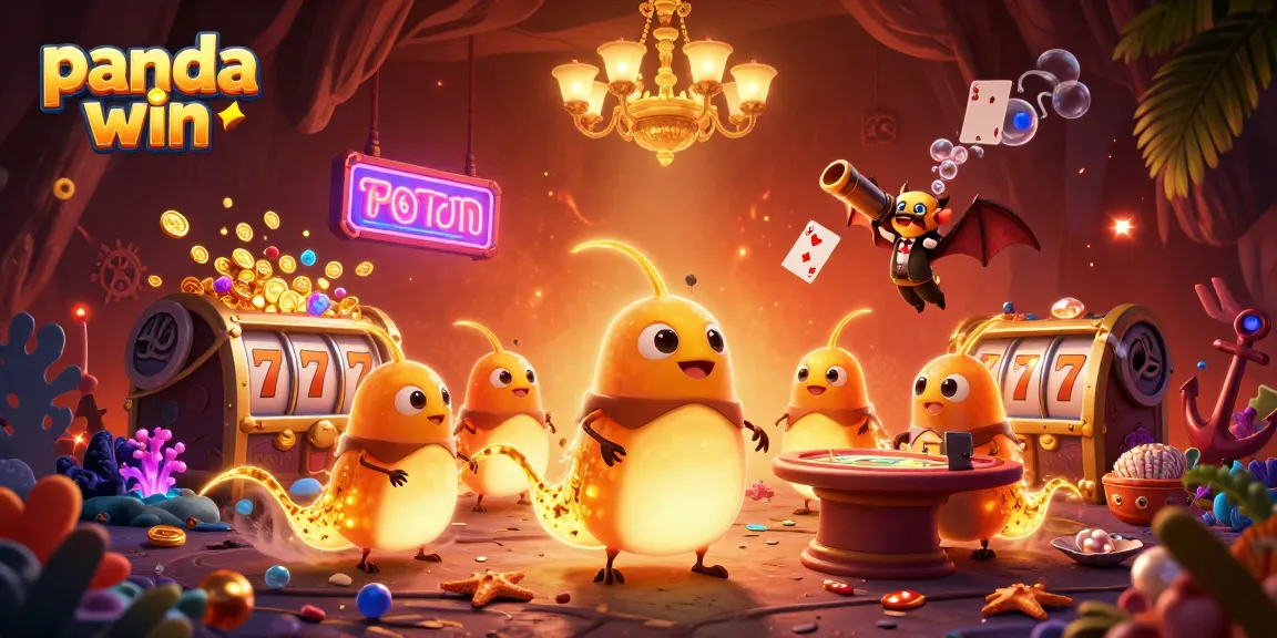 Panda win showcases a vibrant cave casino scene with glowing glowworms and a bat dealer amidst dynamic gaming elements.