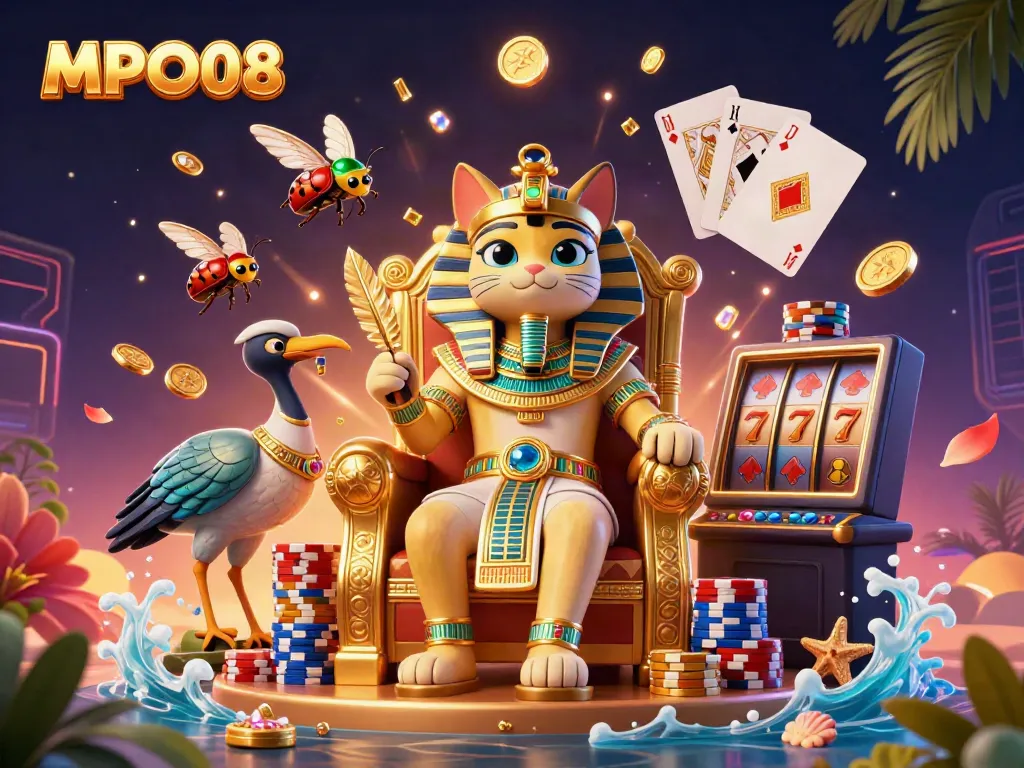 MPO08 presents a vibrant Egyptian-themed scene filled with casino elements, showcasing excitement and winnings.