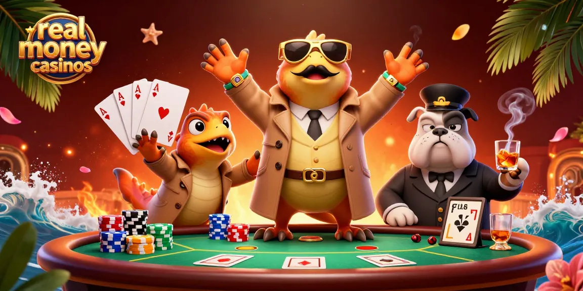 Experience real money casinos with cartoon raptors attempting to access VIP lounge while showcasing vibrant poker elements.