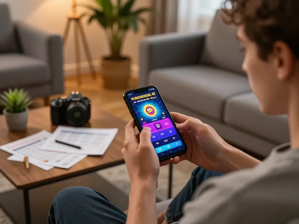 Player engaging with Kenzobet app for slot games on smartphone in cozy home setting.