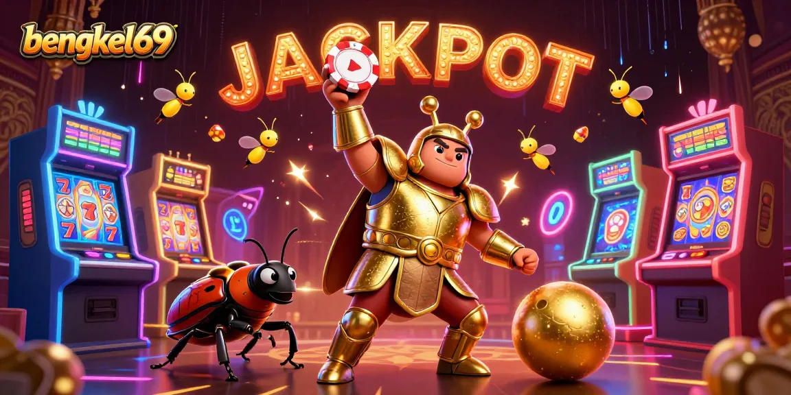 Bengkel69 showcases a victorious hercules beetle displaying a poker chip amidst rich casino elements and colorful arcade machines.