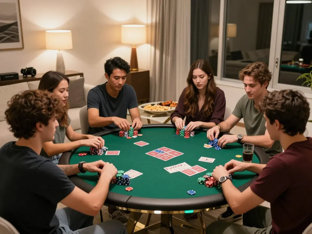 Friends enjoying a competitive game of poker at home, showcasing situs toto strategies and excitement.