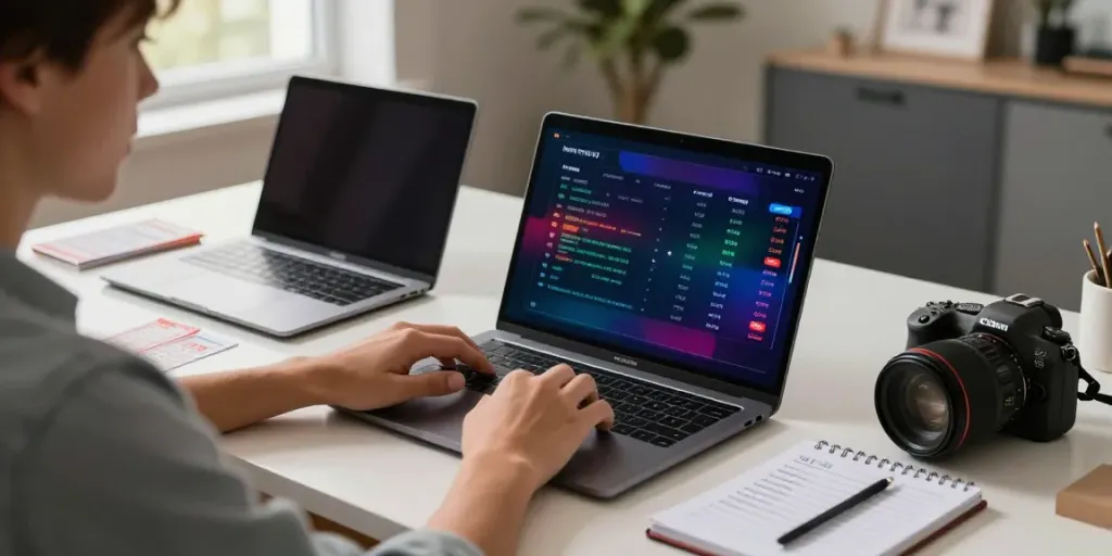 Pengguna AHHA4D memainkan permainan togel online dengan laptop dan tiket lotere di meja modern.