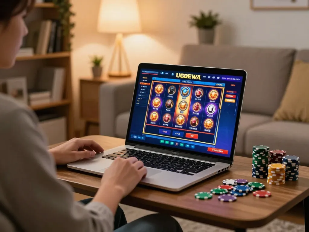 Player enjoying UGDEWA slot games on laptop in cozy home setting with casino chips.