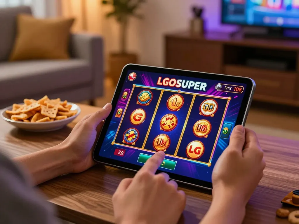 Engaging online gameplay on LGOSUPER with a player using a tablet in a cozy setting.