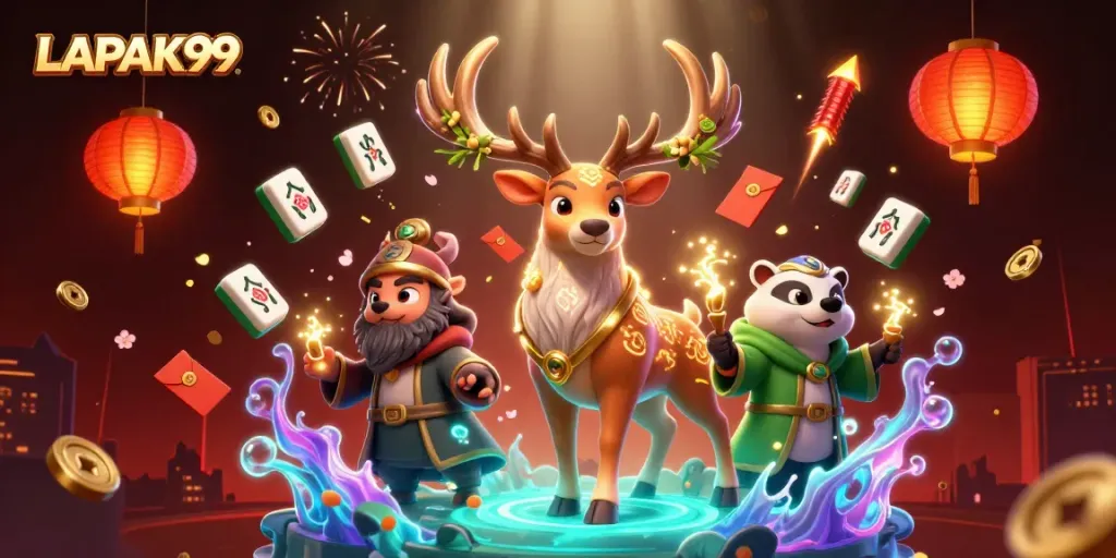 LAPAK99 captures the excitement of winning in a vibrant online casino scene with enchanting characters and festive elements.
