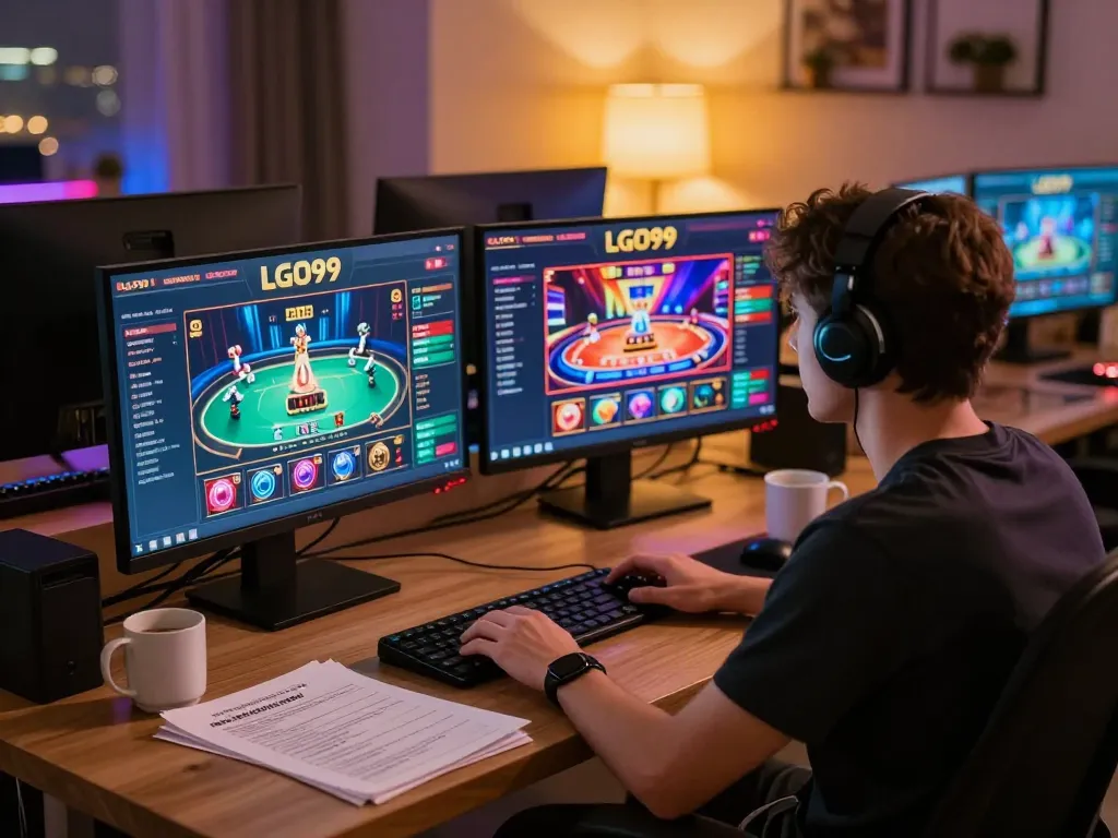 LGO99 gaming enthusiast engaging with online poker and slots from a modern home office setup.