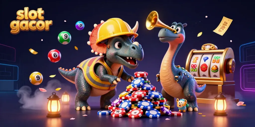 Experience thrilling slot gacor action with a vibrant 3D scene featuring a triceratops, jackpots, and excitement.