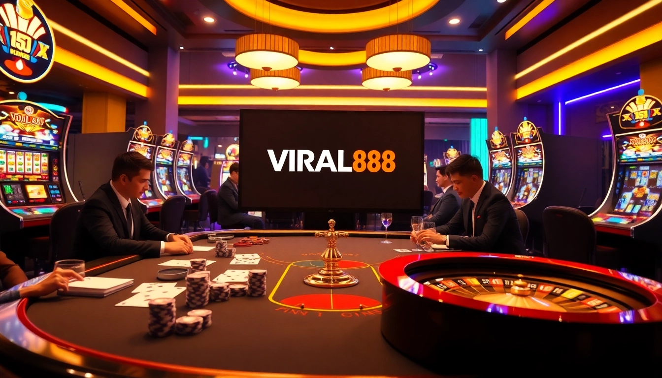Experience the thrill of winning at VIRAL88 with an immersive casino scene featuring vibrant gambling elements.