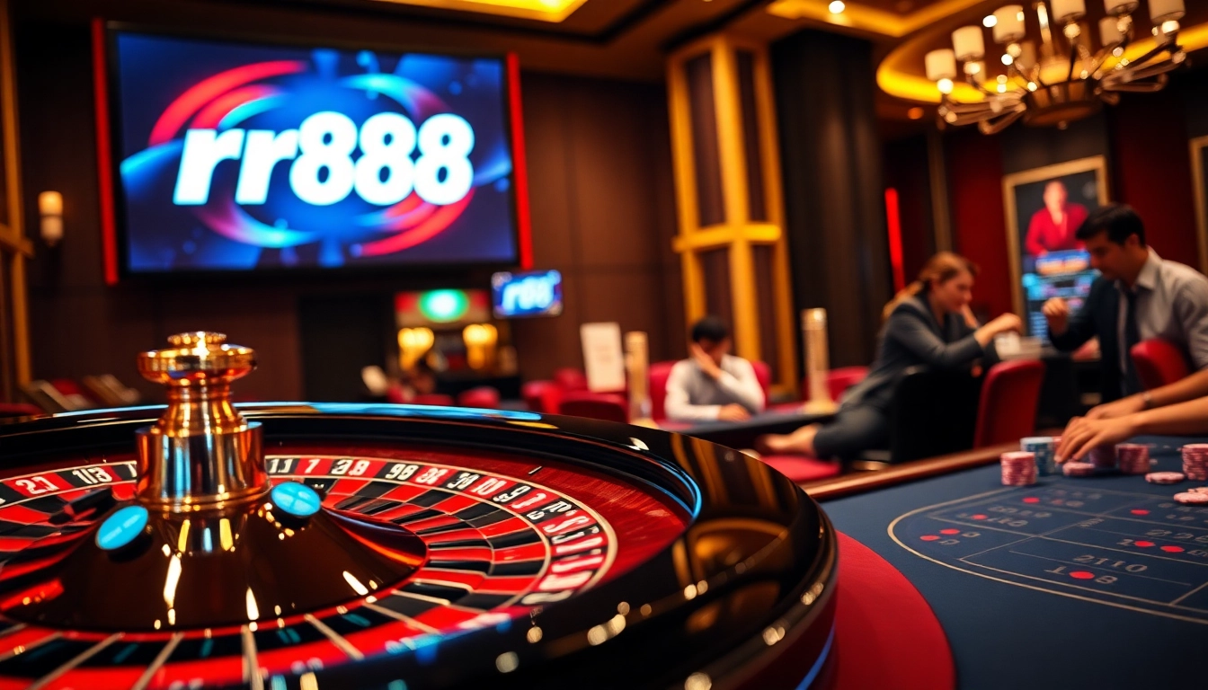 Experience the excitement of gambling at rr88 có uy tín with poker chips, a roulette wheel, and engaging players.