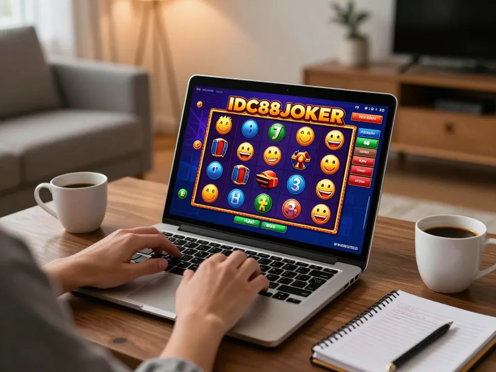 Playing slots on IDC88JOKER from the comfort of home, showcasing enthusiasm and strategy.