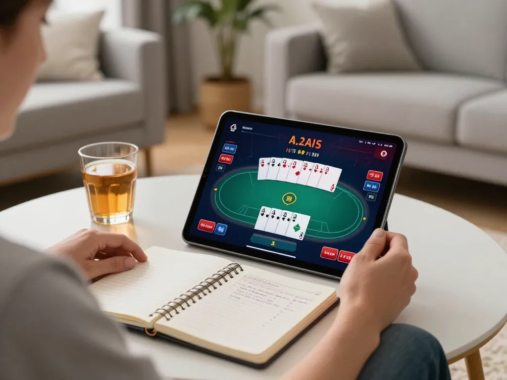Player engaging in an online peri11 poker game on a tablet in a cozy living room setting.