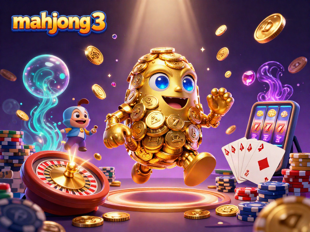 Engage with mahjong 3 in a vibrant casino scene featuring a magical golden golem and casino elements.