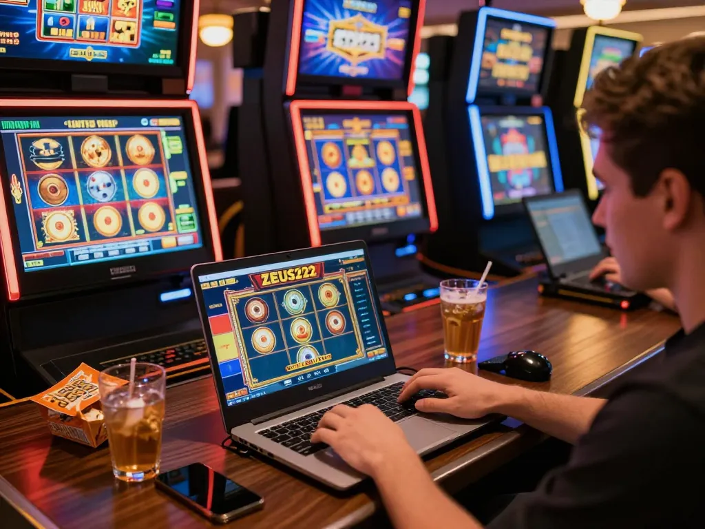 Engaged player enjoying ZEUS222 online slots game on laptop in cozy home setting